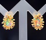 Серьги с кристаллическими эфиопскими опалами 1,93 карата, цаворитами гранатами, красными сапфирами и бриллиантами Золото