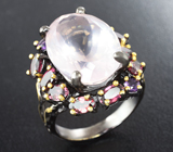 Серебряное кольцо с розовым кварцем, родолитами и аметистами