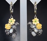 Серебряные серьги с лунным камнем с эффектом кошачьего глаза и диопсидами