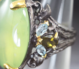 Серебряное кольцо с пренитом 50+ карат, зелеными турмалинами и голубыми топазами Серебро 925
