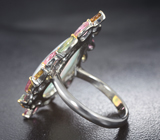 Серебряное кольцо с кристаллическим эфиопским опалом 9,11 карата, разноцветными турмалинами и сапфирами Серебро 925