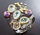 Серебряное кольцо с голубыми топазами и цветным жемчугом Серебро 925