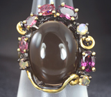 Серебряное кольцо с дымчатым кварцем, родолитами, розовыми турмалинами и ограненными эфиопскими опалами Серебро 925