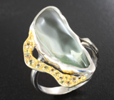 Серебряное кольцо с зеленым аметистом и сапфирами