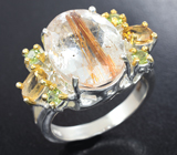 Серебряное кольцо с рутиловым кварцем, цитринами и перидотами Серебро 925