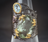 Серебряное кольцо с празиолитом, голубым топазом и аметистом