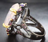 Серебряное кольцо с розовым кварцем 22+ карат, аметистами и родолитами