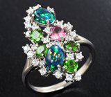 Серебряное кольцо с кристаллическими черными опалами, диопсидами и розовым турмалином Серебро 925