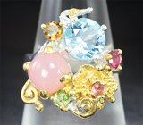 Серебряное кольцо с голубым топазом, розовым кварцем, перидотом и турмалинами Серебро 925