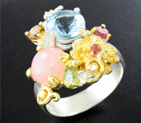 Серебряное кольцо с голубым топазом, розовым кварцем, перидотом и турмалинами Серебро 925