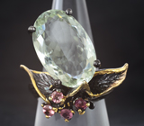 Серебряное кольцо с зеленым аметистом 24+ карат и розовыми турмалинами Серебро 925