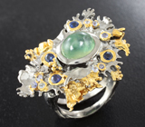 Серебряное кольцо с пренитом, синими сапфирами и танзанитами Серебро 925