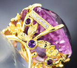 Золотое кольцо с потрясающим крупным розовым кунцитом 42,28 карата, аметистами и бриллиантами Золото