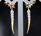 Элегантные серебряные серьги с разноцветными турмалинами и сапфирами Серебро 925