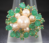 Превосходное серебряное кольцо c жемчугом и изумрудами Серебро 925