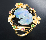 Золотое кольцо с опаловой камеей на ониксе 14,44 карата, цаворитами и розовыми сапфирами Золото