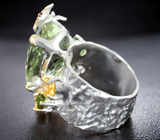 Серебряное кольцо с зеленым аметистом, диопсидами, цитринами и мозамбикскими гранатами Серебро 925