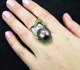 Серебряное кольцо с жемчужиной барокко 47,66 карата, аквамарином и цаворитами Серебро 925