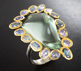 Серебряное кольцо с зеленым аметистом 21,07 карата, танзанитами и синими сапфирами Серебро 925