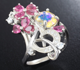 Изысканное серебряное кольцо с ограненным эфиопским опалом и розовыми турмалинами Серебро 925
