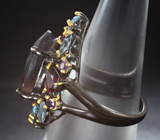 Серебряное кольцо с многоцветным флюоритом 17+ карат, голубыми топазами, родолитами гранатами и аметистами