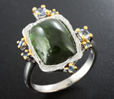 Серебряное кольцо с зеленым турмалином 6,85 карата, танзанитами и синими сапфирами Серебро 925