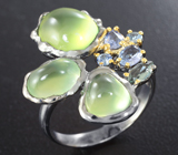 Серебряное кольцо с пренитом 7,32 карата, зеленым турмалином, танзанитами и голубыми сапфирами Серебро 925