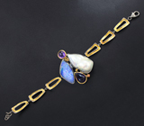 Серебряный браслет с жемчугом, австралийским дублет опалом 6,86 карата, сливовыми аметистами и желтыми сапфирами Серебро 925