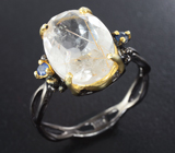 Серебряное кольцо с рутиловым кварцем и синими сапфирами Серебро 925