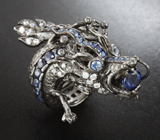Серебряное мобильное кольцо «Дракон» с синими сапфирами Серебро 925