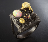 Серебряное кольцо с кристаллическим эфиопским опалом, турмалином и гранатом Серебро 925