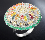 Шикарное серебряное кольцо с разноцветными сапфирами и изумрудами Серебро 925