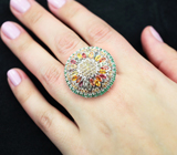Шикарное серебряное кольцо с разноцветными сапфирами и изумрудами Серебро 925