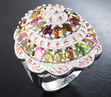 Крупное праздничное серебряное кольцо с разноцветными турмалинами и оранжевыми сапфирами Серебро 925