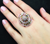 Крупное праздничное серебряное кольцо с разноцветными турмалинами и оранжевыми сапфирами Серебро 925