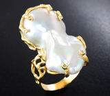 Золотое массивное кольцо с крупной морской жемчужиной барокко 38,94 карата и бриллиантами! Исключительный люстр