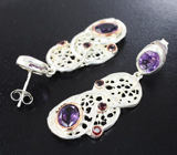 Серебряные серьги с аметистами и родолитами