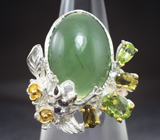 Серебряное кольцо с хризопразом, перидотами, желто-зелеными турмалинами, сапфирами и черными шпинелями Серебро 925