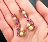 Великолепные серебряные серьги с золотистым жемчугом и рубинами Серебро 925