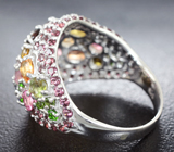 Праздничное серебряное кольцо с родолитами, диопсидами, разноцветными сапфирами и турмалинами Серебро 925