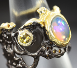 Серебряное кольцо с кристаллическим эфиопским опалом и желтым турмалином
