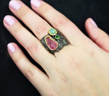 Серебряное кольцо с розовым сапфиром, кристаллическим эфиопским опалом и диопсидом Серебро 925