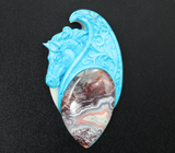 Камея-подвеска «Мустанг» из цельной бирюзы с яшмой на белом нефрите Серебро 925