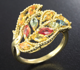 Изысканное серебряное кольцо с разноцветными сапфирами  Серебро 925