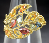 Изысканное серебряное кольцо с разноцветными сапфирами  Серебро 925