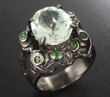 Серебряное кольцо с зеленым аметистом 10+ карат и диопсидами