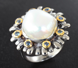 Серебряное кольцо с жемчужиной 9,99 карата и синими сапфирами