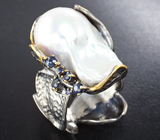 Серебряное кольцо с жемчужиной барокко 28,06 карата и синими сапфирами Серебро 925