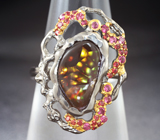Серебряное кольцо c редким мексиканским огненным агатом и пурпурно-розовыми сапфирами Серебро 925