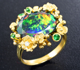 Золотое кольцо с шикарным ограненным черным опалом 3,06 карата, цаворитами и бриллиантами Золото